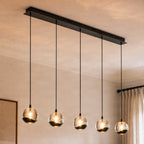 Lucande Hayley LED hanging light, 37 in, 5-bulb, black, glass