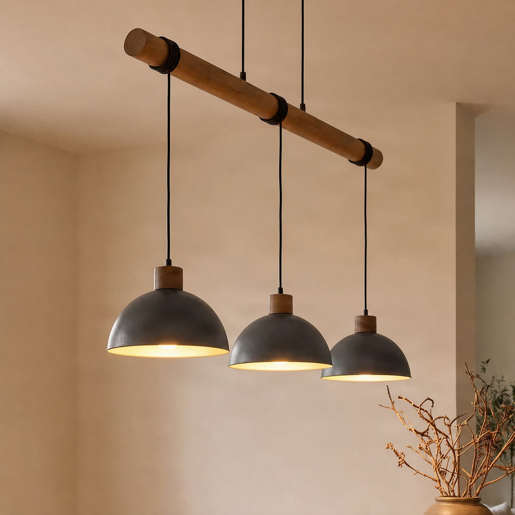 Lucande Holgar pendant light, 3-bulb, grey, metal/wood