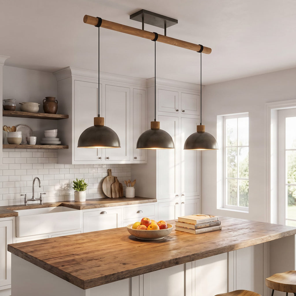 Lucande Holgar pendant light, 3-bulb, grey, metal/wood