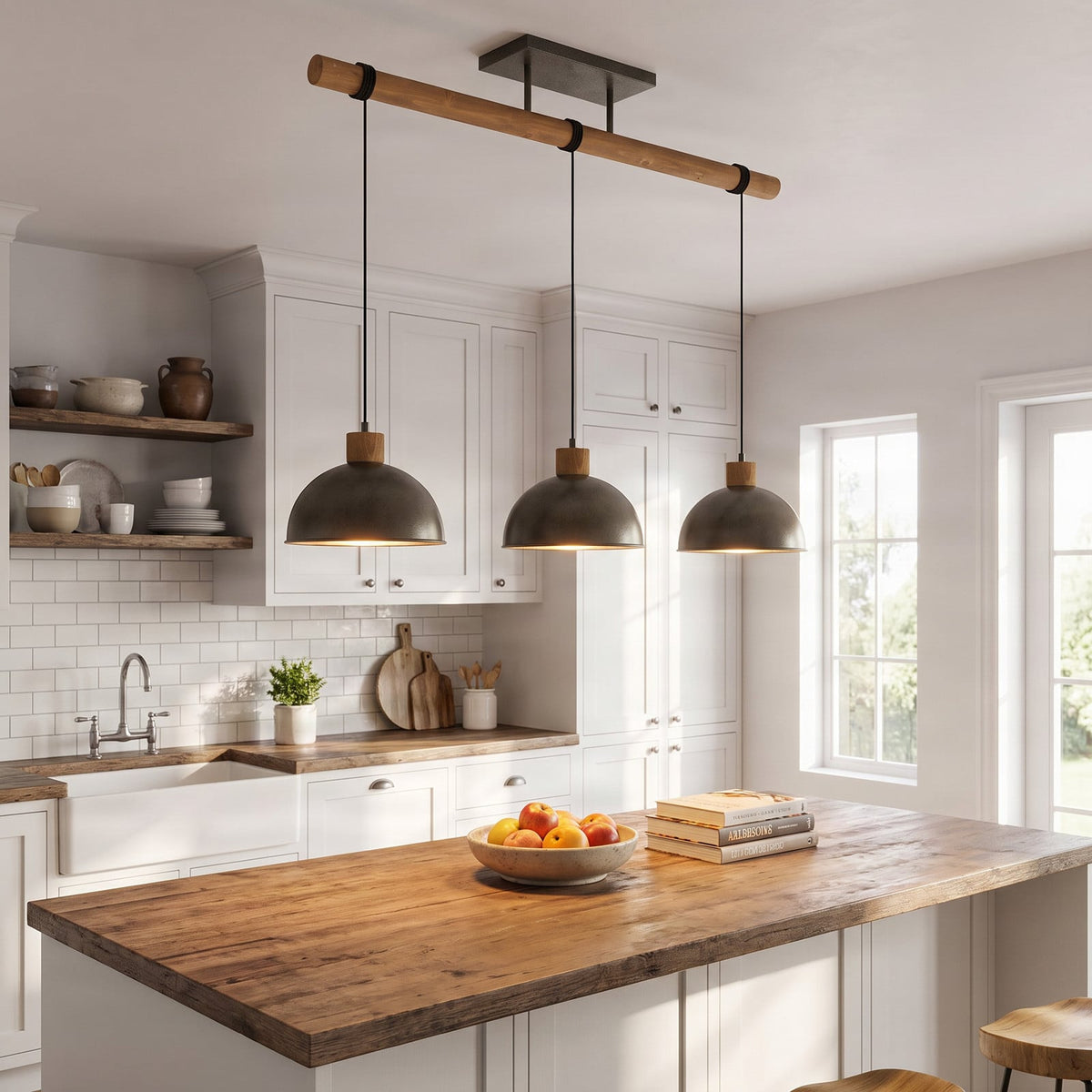 Lucande Holgar pendant light, 3-bulb, grey, metal/wood