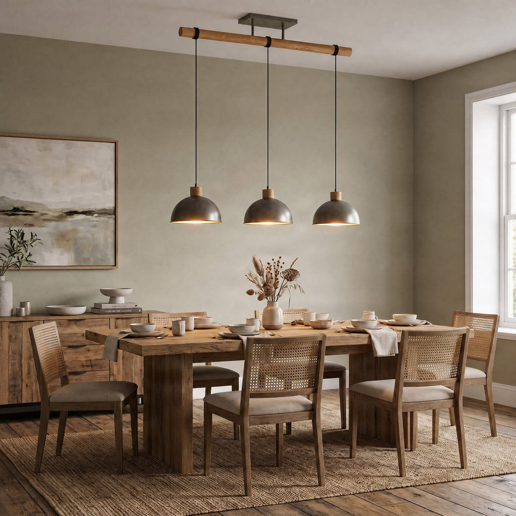 Lucande Holgar pendant light, 3-bulb, grey, metal/wood