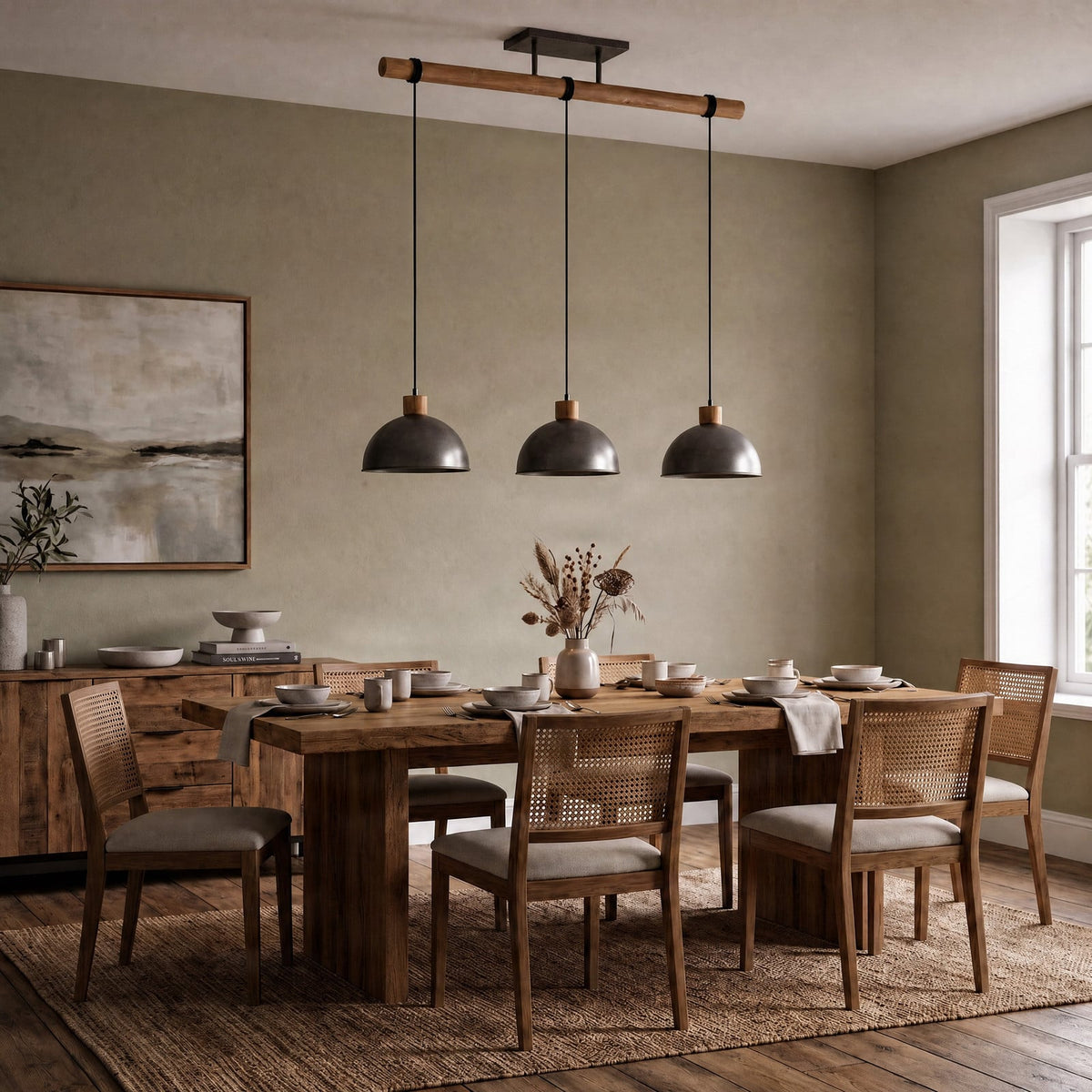 Lucande Holgar pendant light, 3-bulb, grey, metal/wood