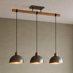 Lucande Holgar pendant light, 3-bulb, grey, metal/wood