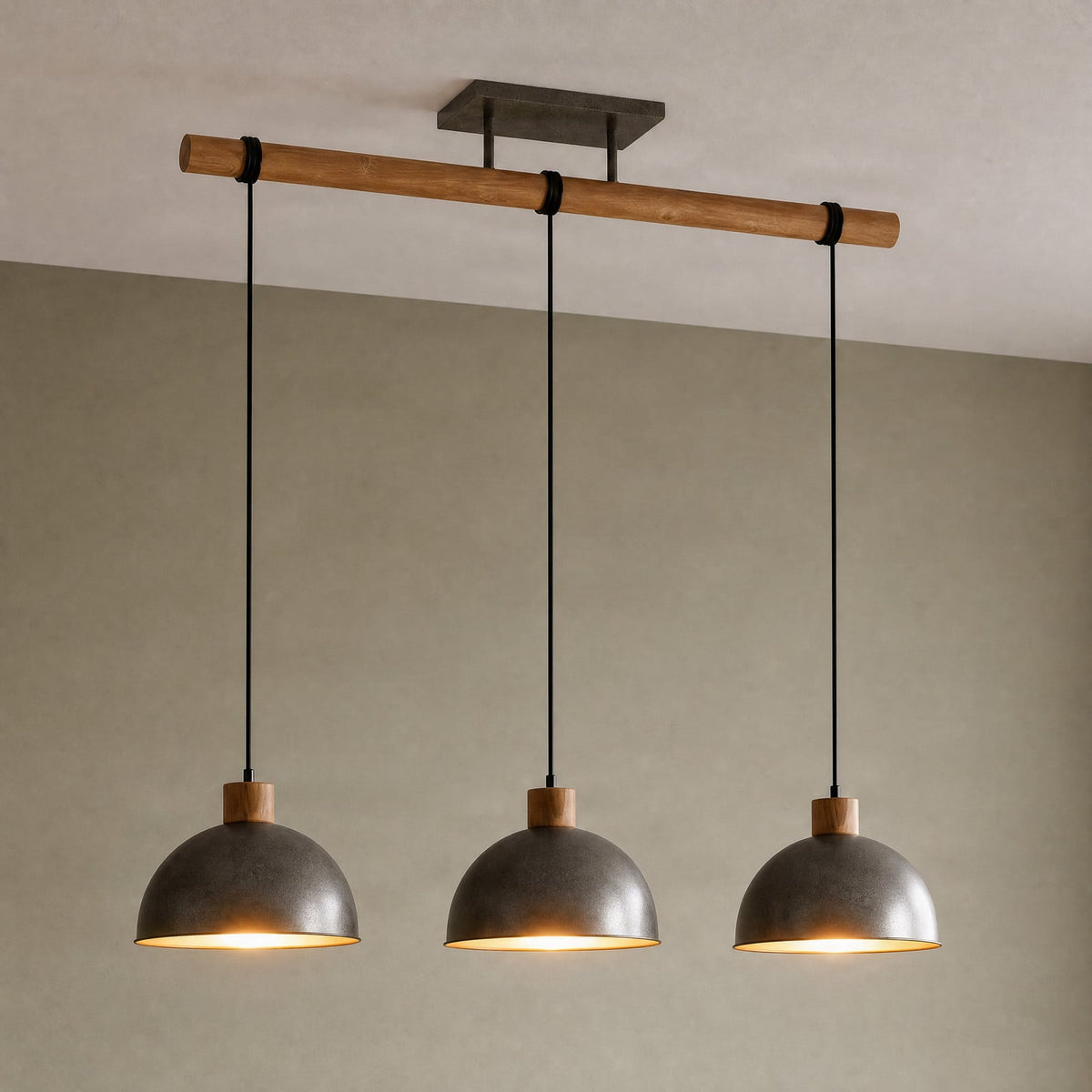 Lucande Holgar pendant light, 3-bulb, grey, metal/wood