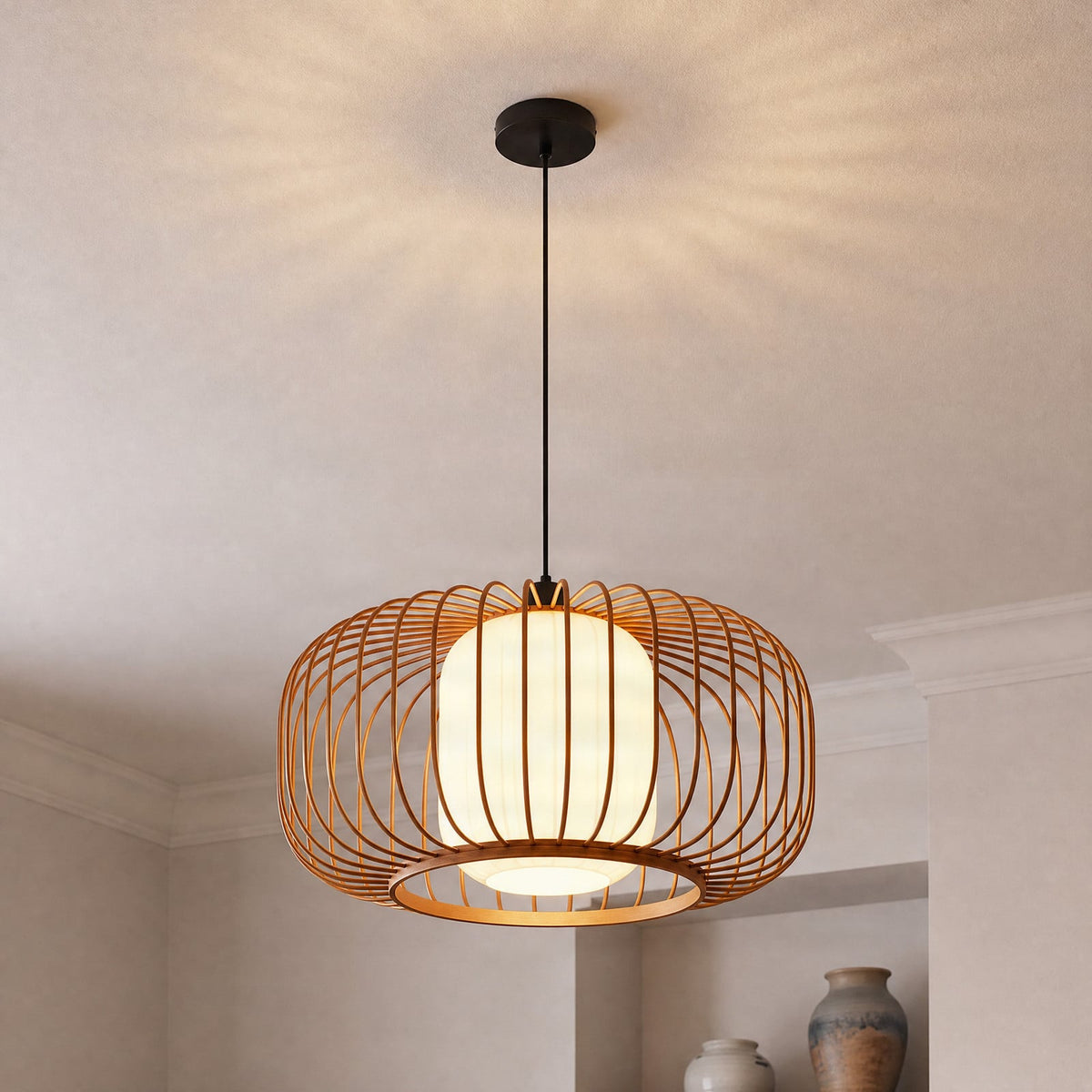 Lucande Davella pendant light, 19.7 in, bamboo, fabric