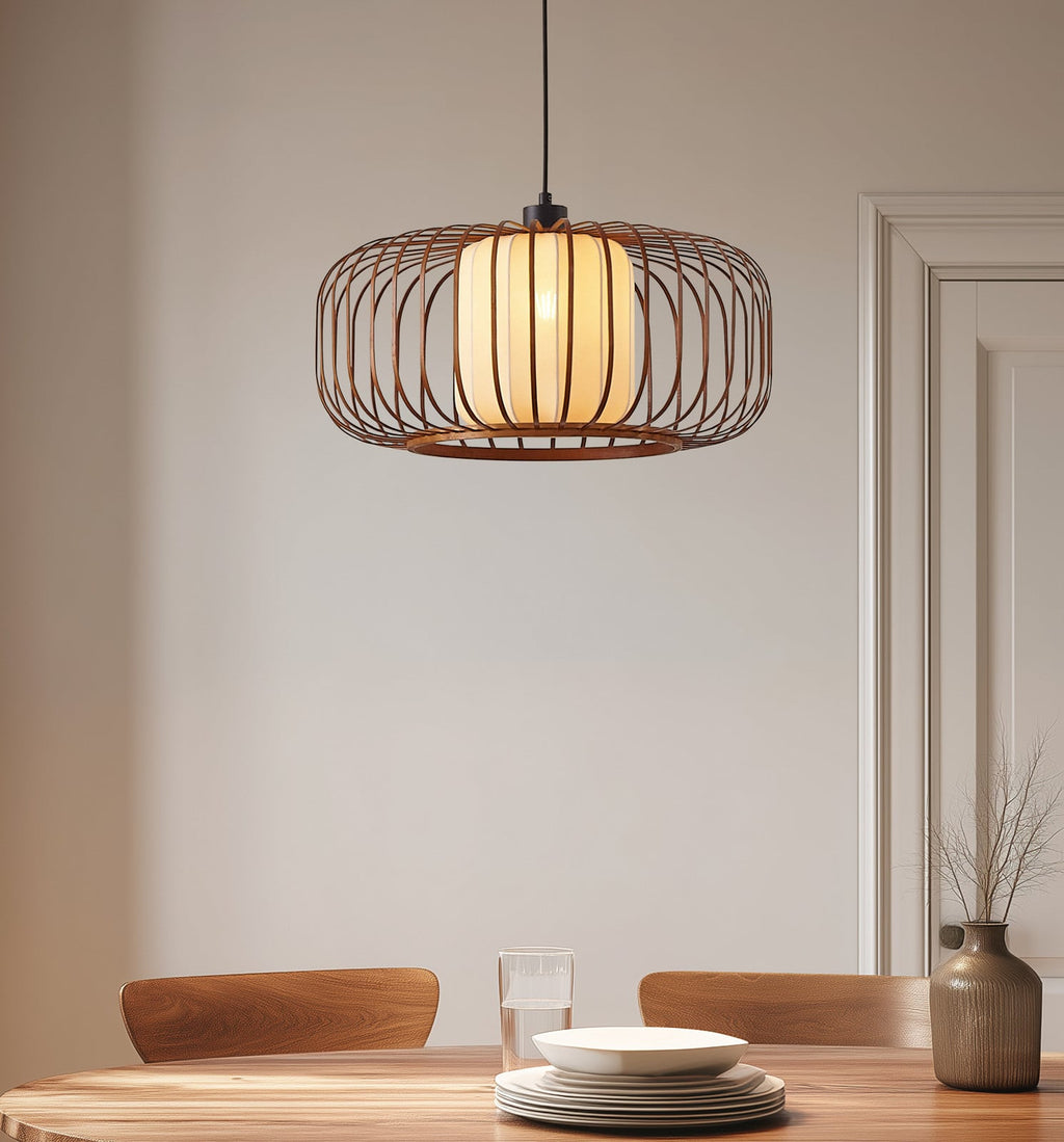 Lucande Davella pendant light, 19.7 in, bamboo, fabric
