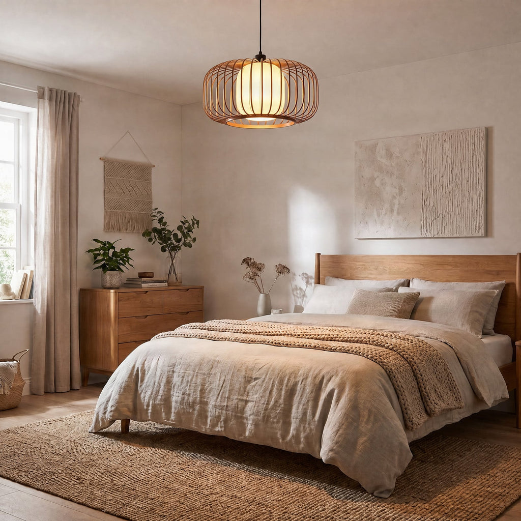 Lucande Davella pendant light, 19.7 in, bamboo, fabric