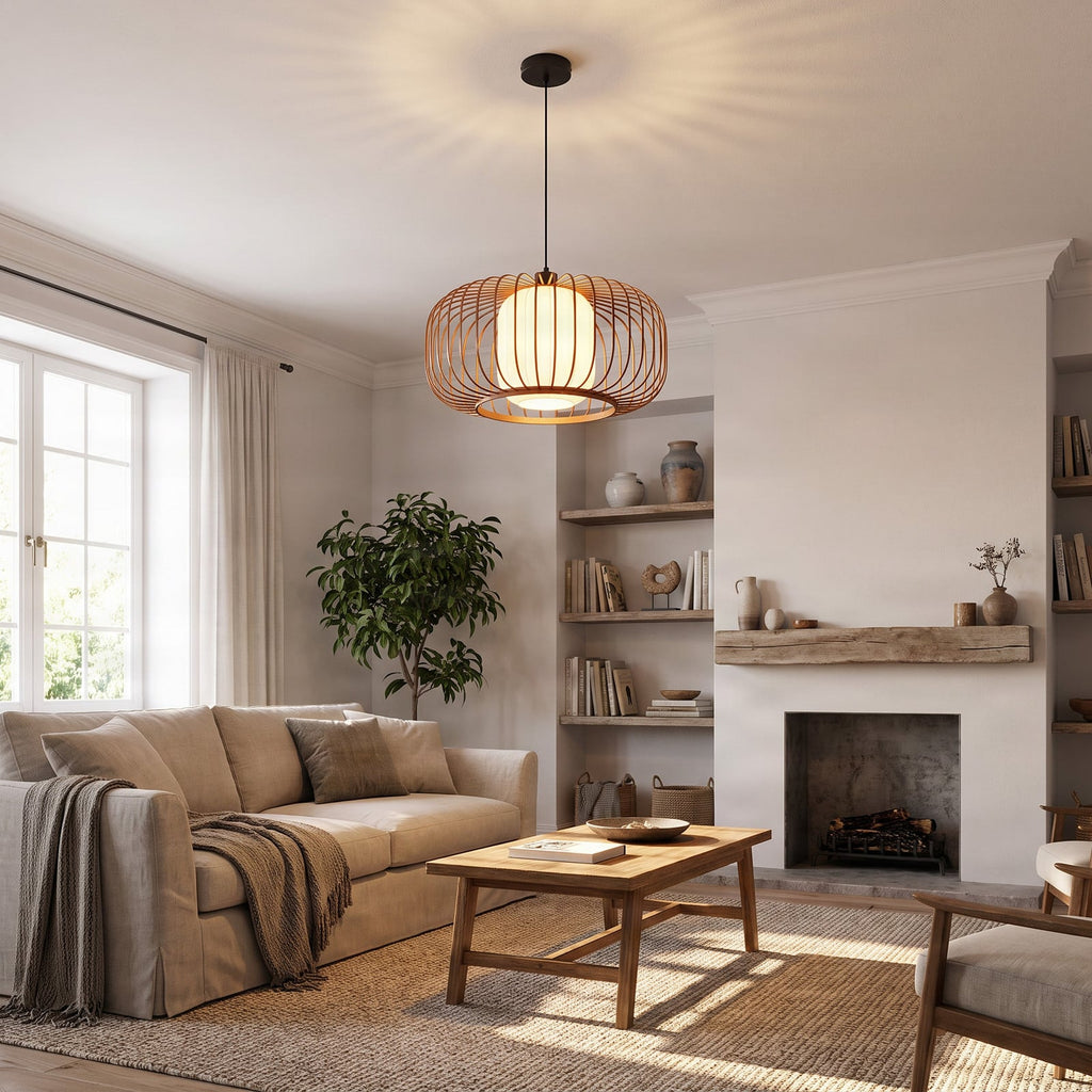 Lucande Davella pendant light, 19.7 in, bamboo, fabric