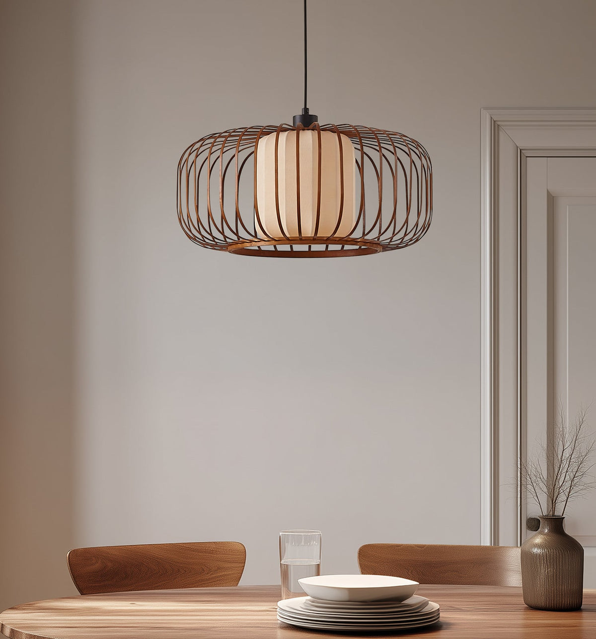 Lucande Davella pendant light, 19.7 in, bamboo, fabric