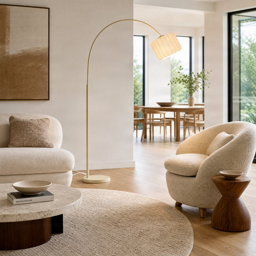 Lucande Helin arc floor lamp, beige, 78 in, fabric
