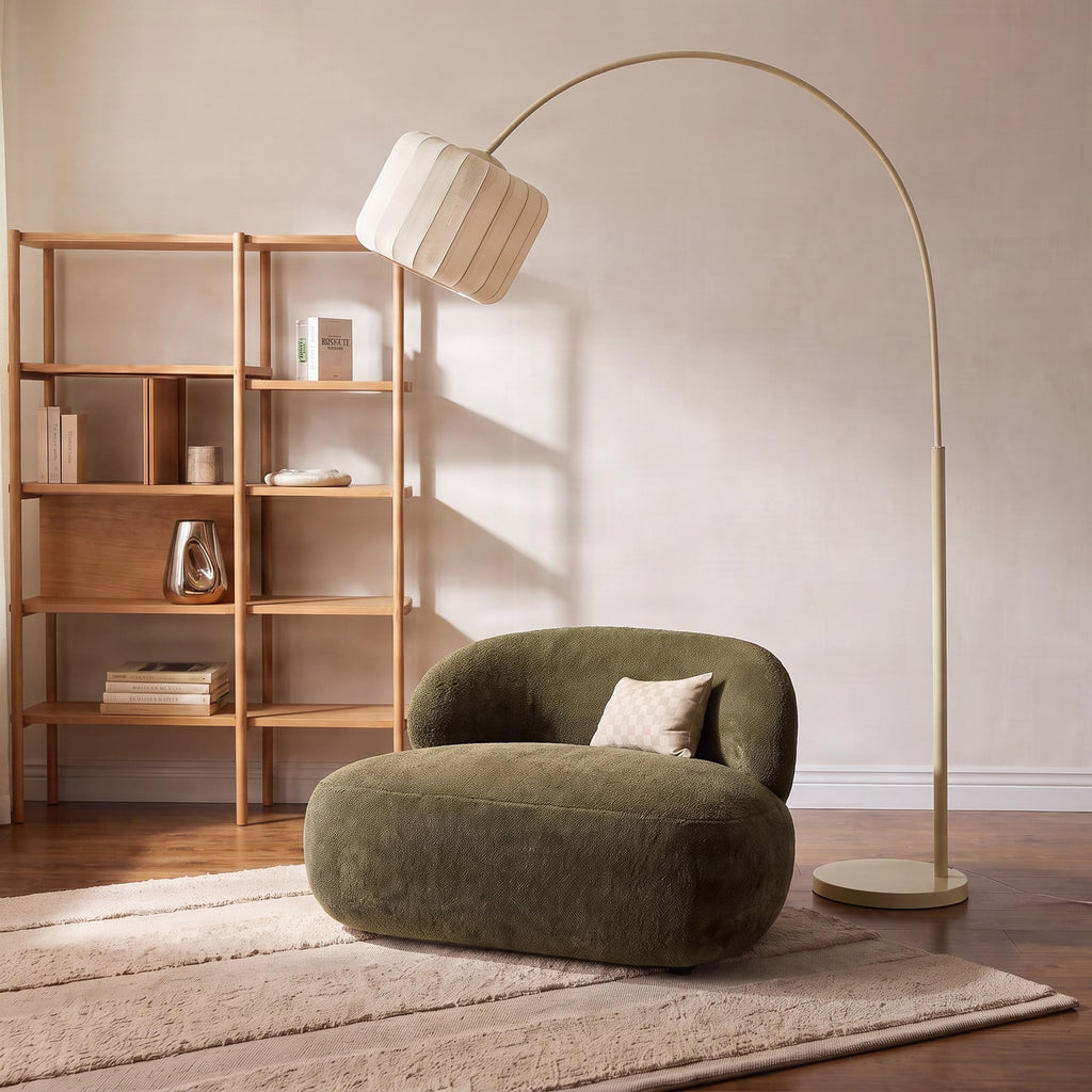 Lucande Helin arc floor lamp, beige, 78 in, fabric