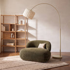 Lucande Helin arc floor lamp, beige, 78 in, fabric
