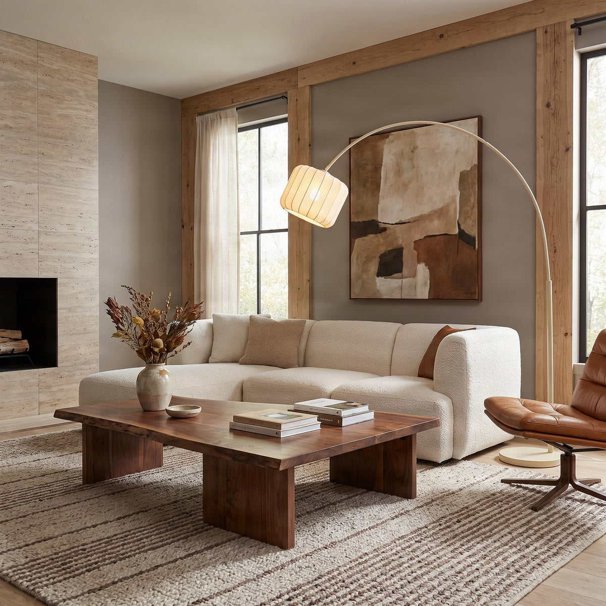 Lucande Helin arc floor lamp, beige, 78 in, fabric