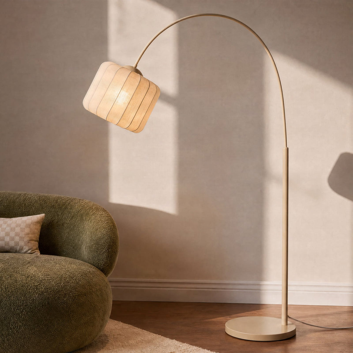 Lucande Helin arc floor lamp, beige, 78 in, fabric