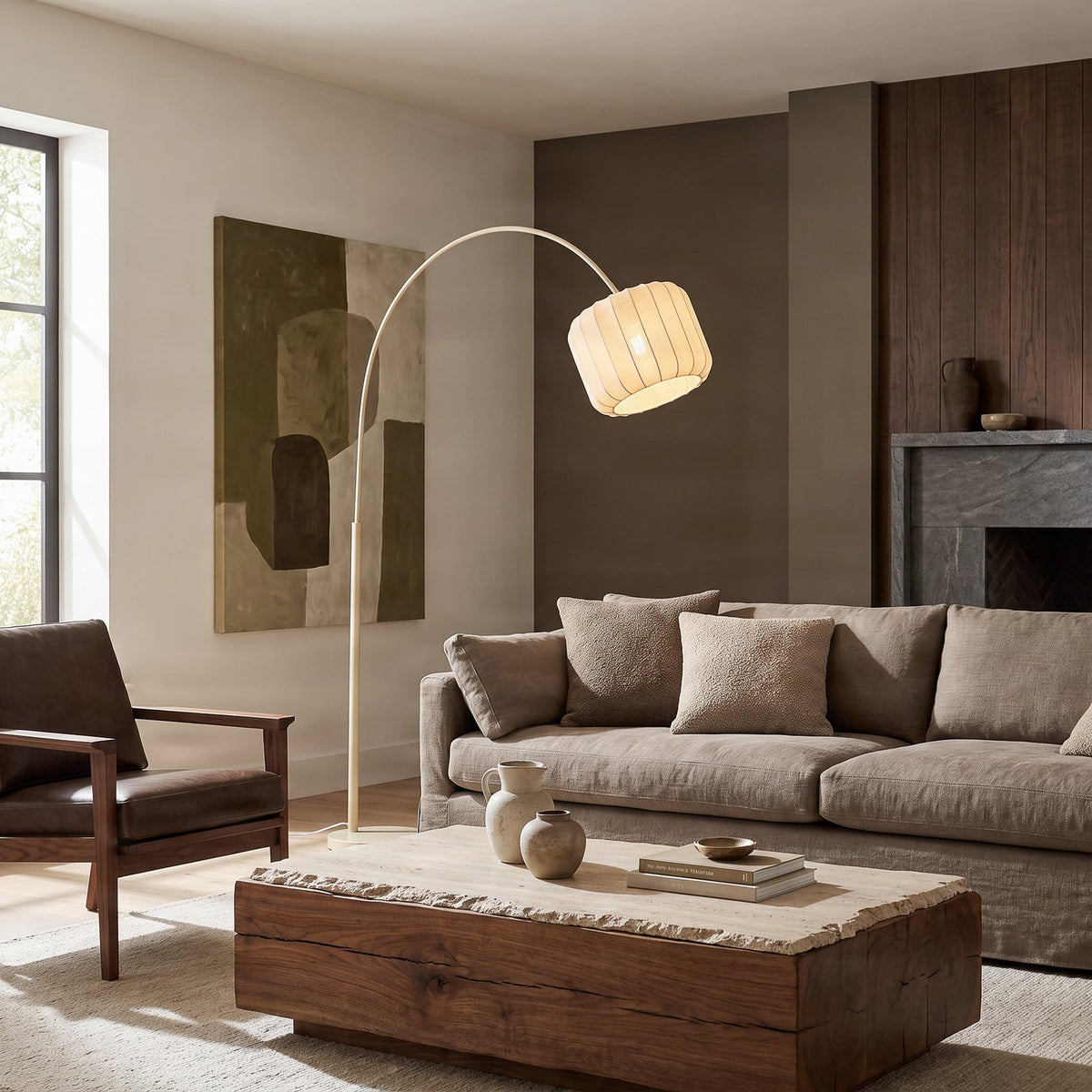 Lucande Helin arc floor lamp, beige, 78 in, fabric