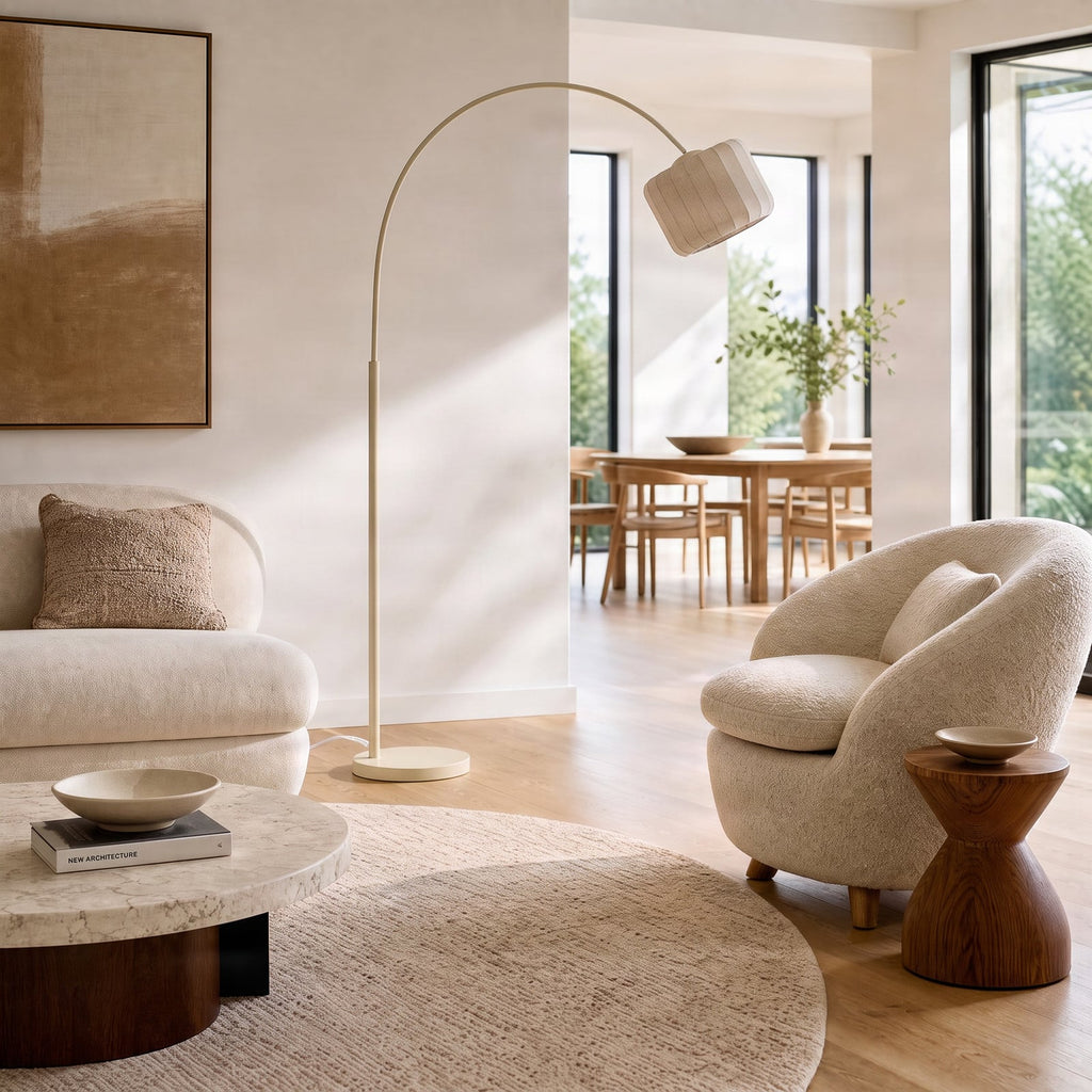 Lucande Helin arc floor lamp, beige, 78 in, fabric