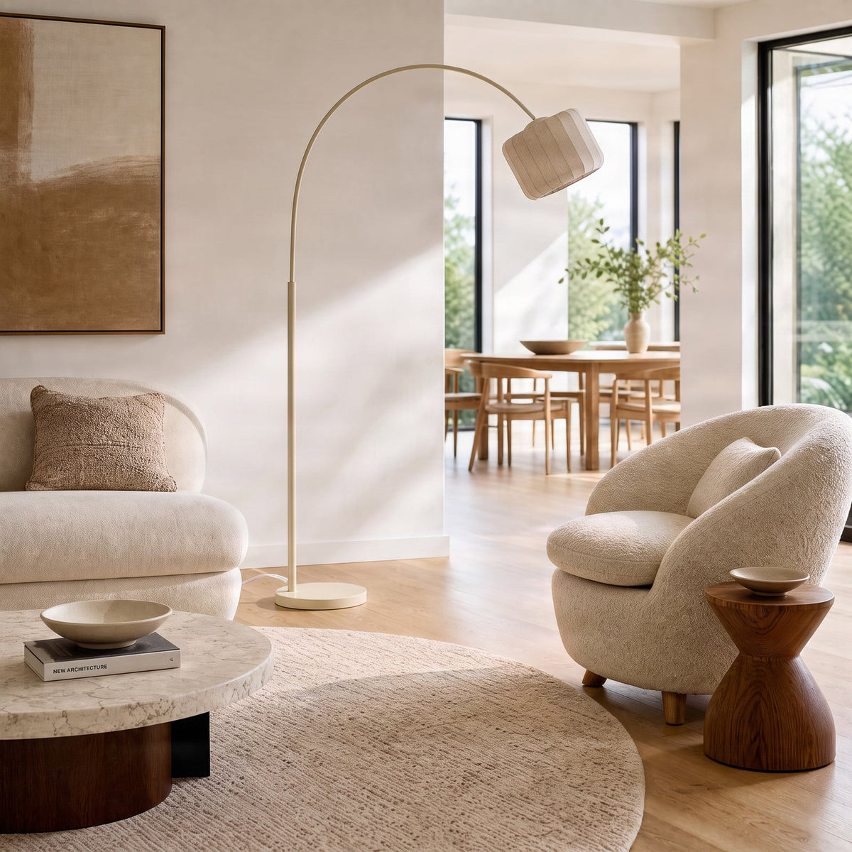 Lucande Helin arc floor lamp, beige, 78 in, fabric