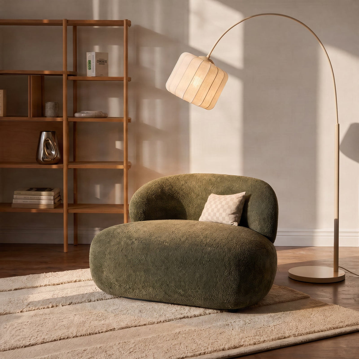 Lucande Helin arc floor lamp, beige, 78 in, fabric