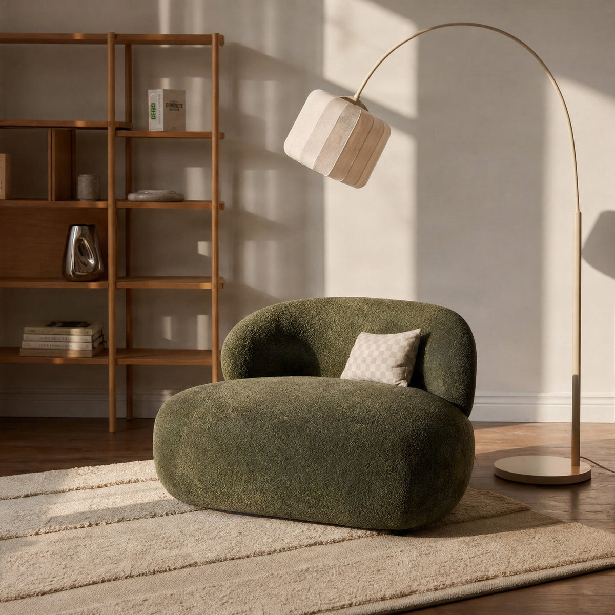 Lucande Helin arc floor lamp, beige, 78 in, fabric
