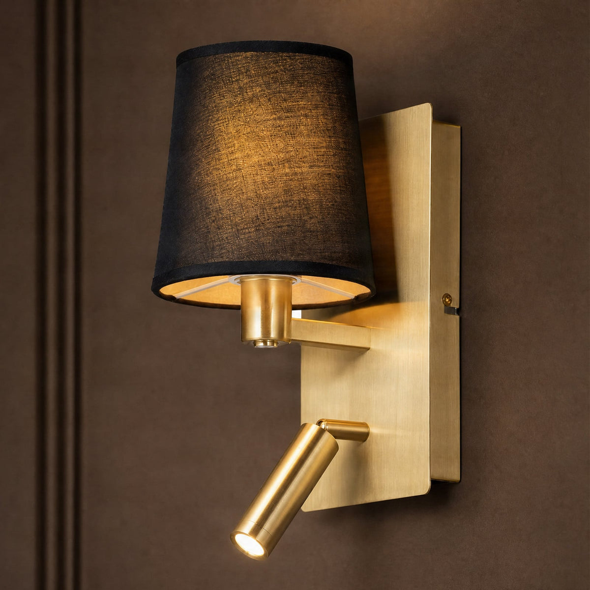 Lucande Aiden wall lamp, 10 in, black and gold, LED reading light