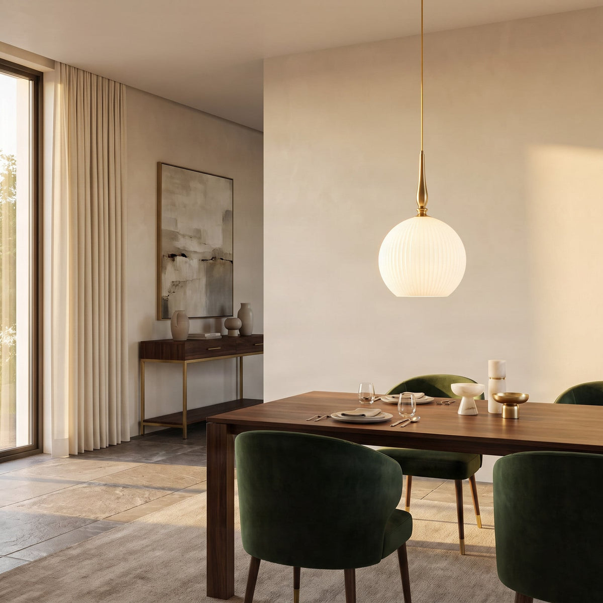Lucande Dante pendant light, Ø 13.8 inches, brass/opal