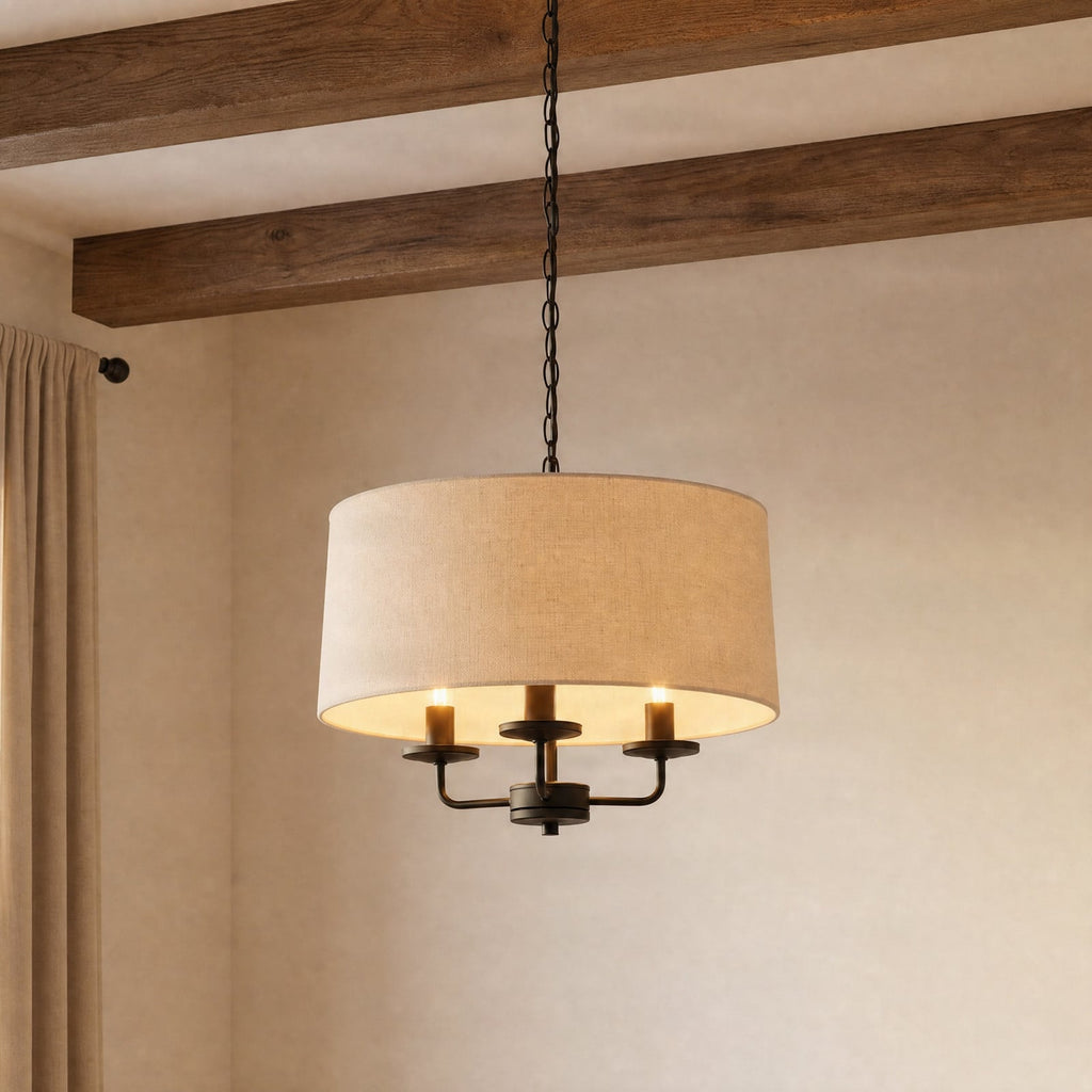 Lucande Sutton pendant light, black/beige, 3-bulb, Ø 18 in