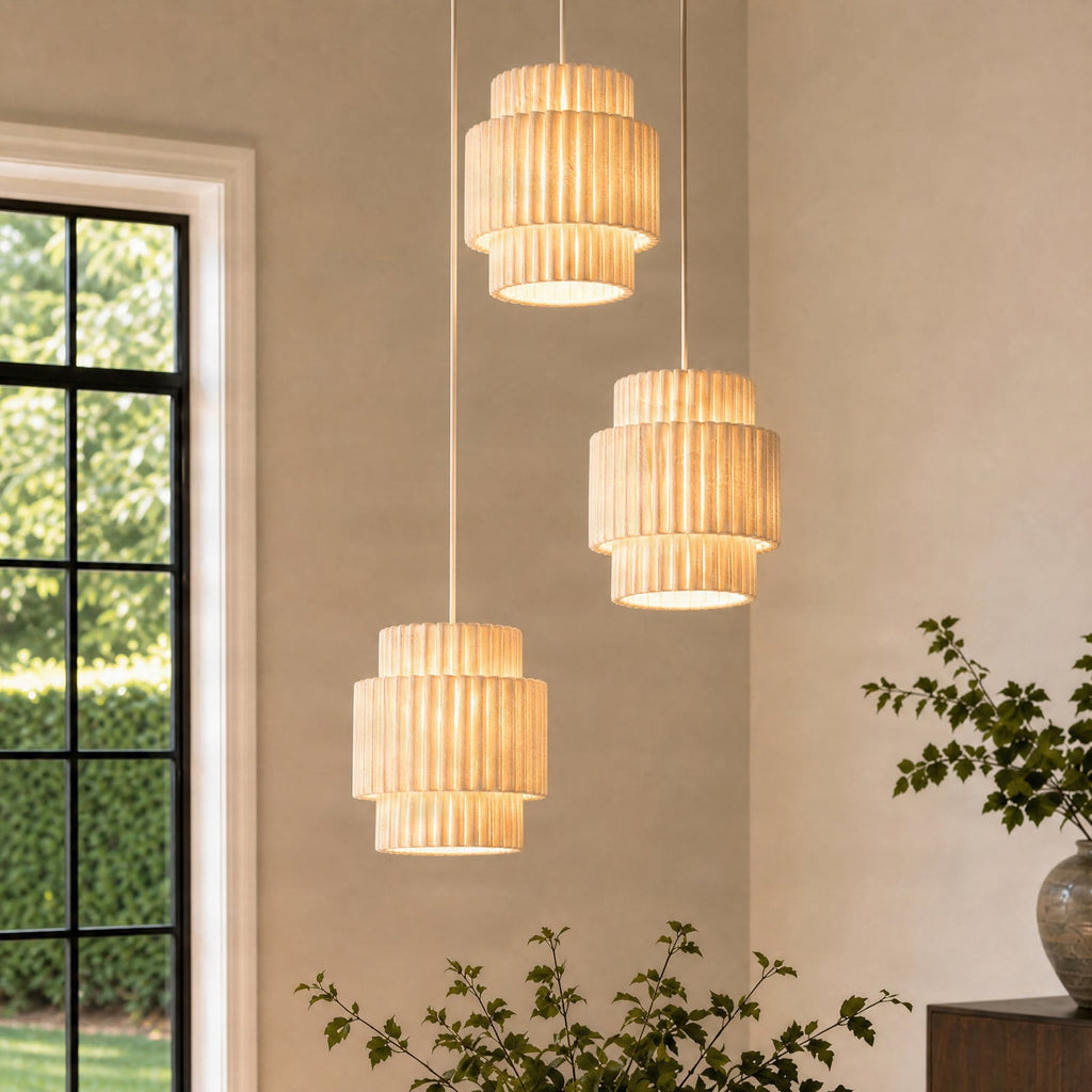 Lucande Riley pendant light, 3-bulb, round, 15.7 in, beige