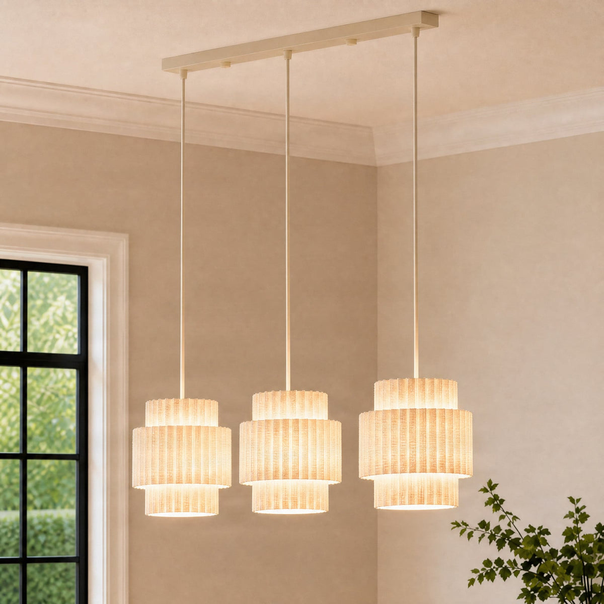 Lucande Riley pendant light, 3-bulb, long, 31.5 in, beige