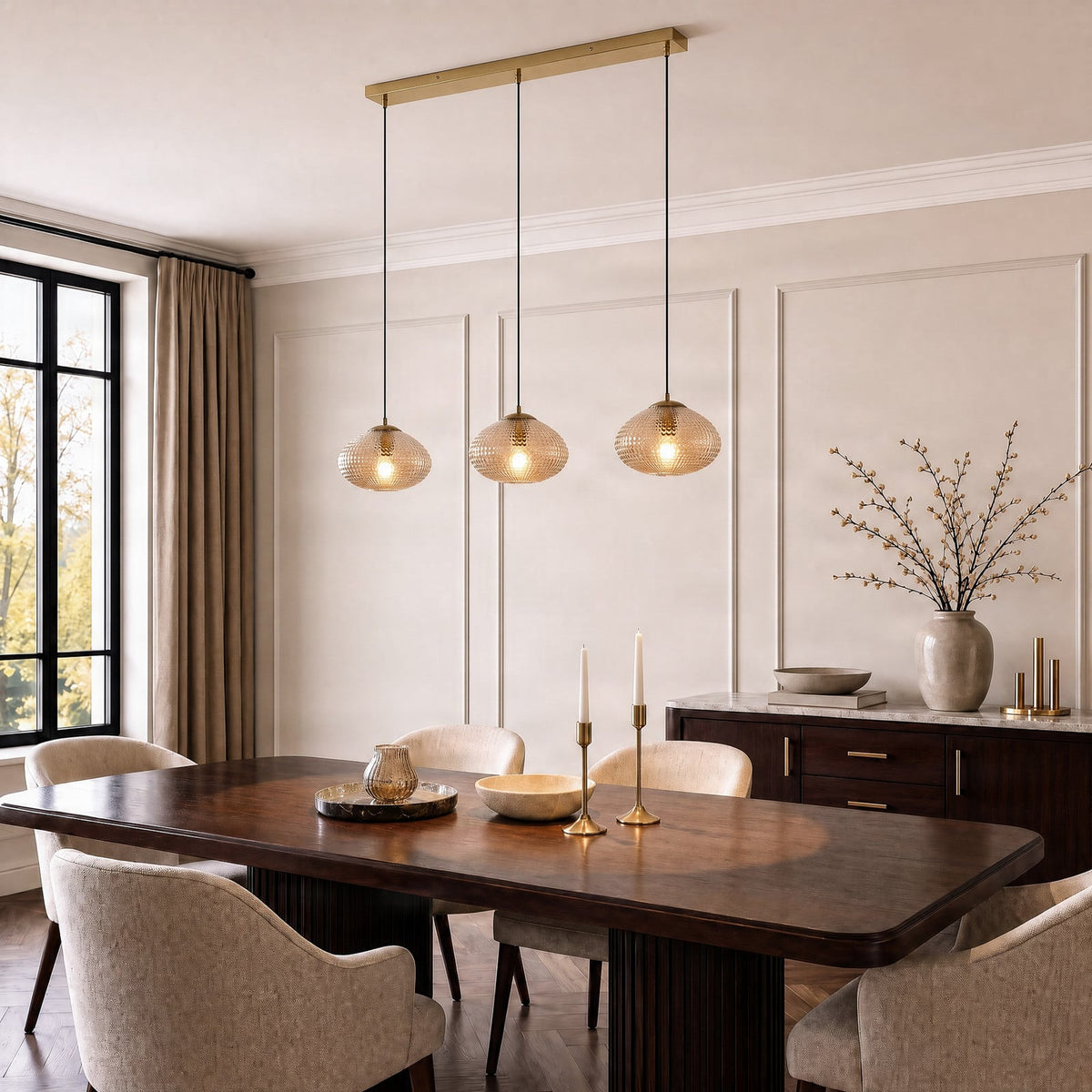 Lucande Sadie pendant light, 3-bulb, brass/amber, glass