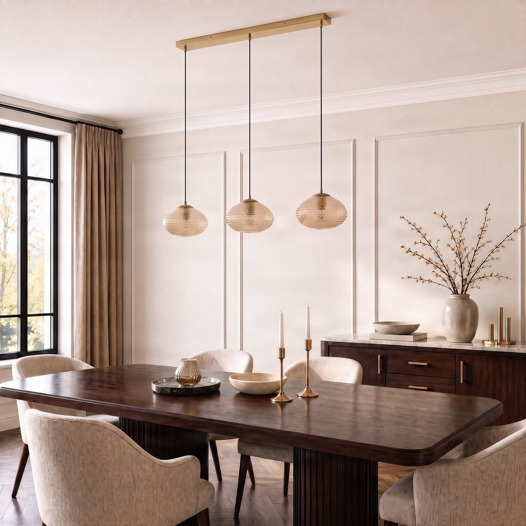 Lucande Sadie pendant light, 3-bulb, brass/amber, glass