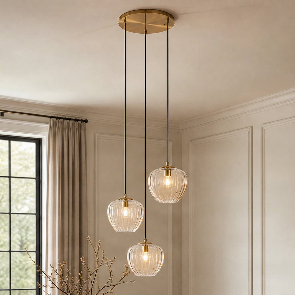 Lucande William pendant light, 3-bulb, brass/amber, glass