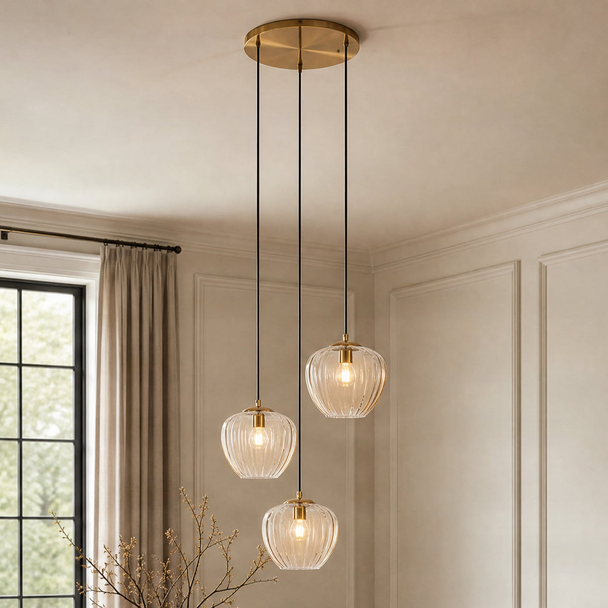 Lucande William pendant light, 3-bulb, brass/amber, glass