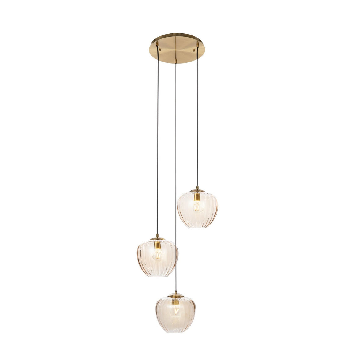 Lucande William pendant light, 3-bulb, brass/amber, glass