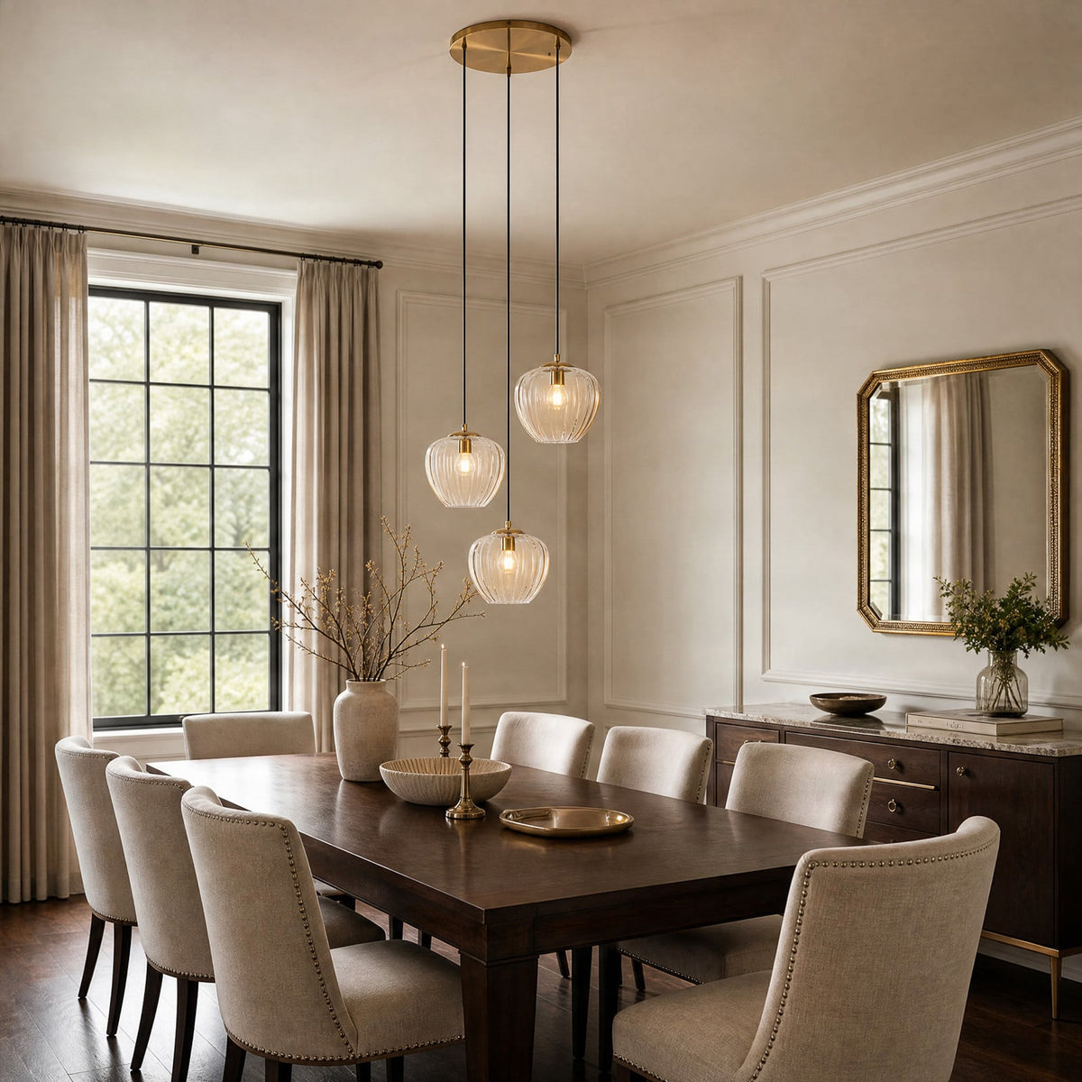 Lucande William pendant light, 3-bulb, brass/amber, glass