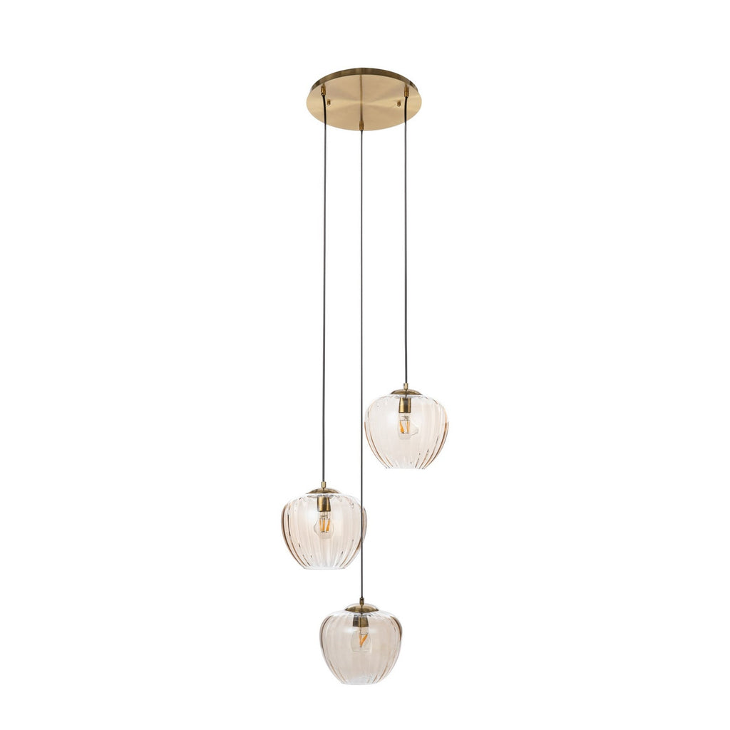 Lucande William pendant light, 3-bulb, brass/amber, glass