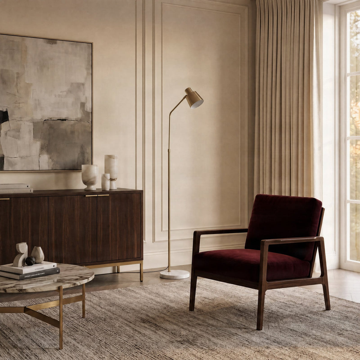 Lucande Ashley floor lamp, brass, 61 in, metal, marble