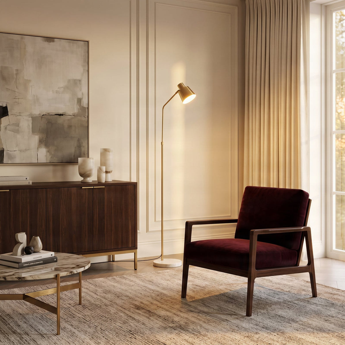 Lucande Ashley floor lamp, brass, 61 in, metal, marble