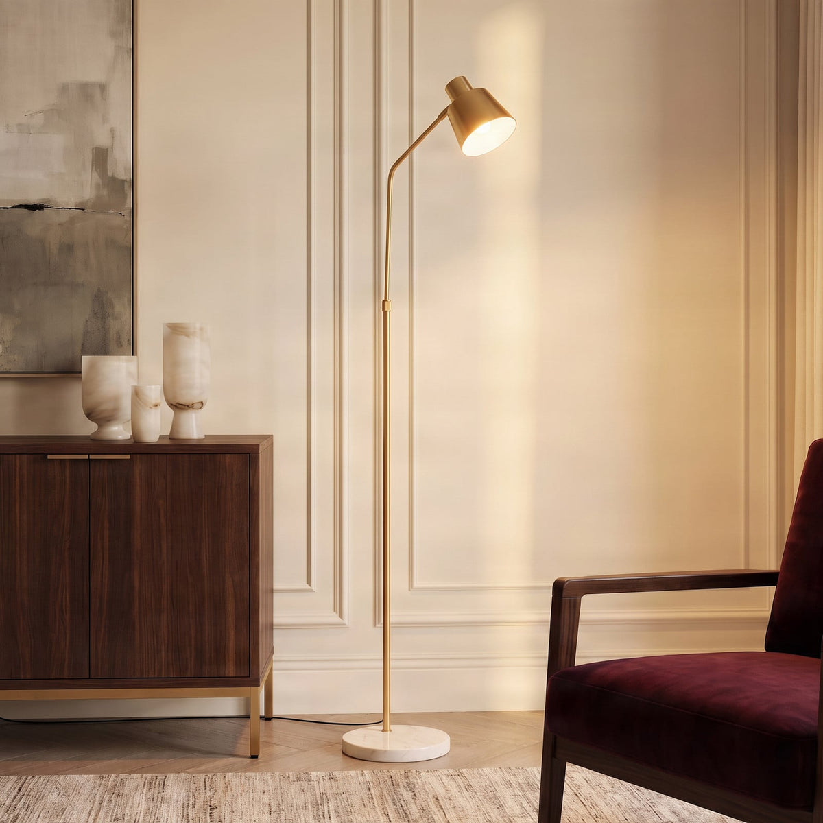 Lucande Ashley floor lamp, brass, 61 in, metal, marble