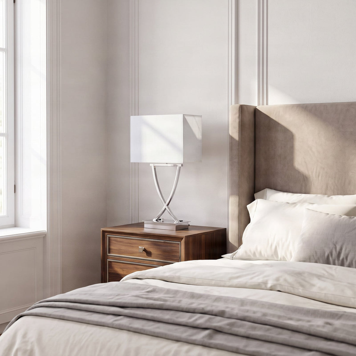 Lucande Madison table lamp, chrome/white, 21.5 in, fabric