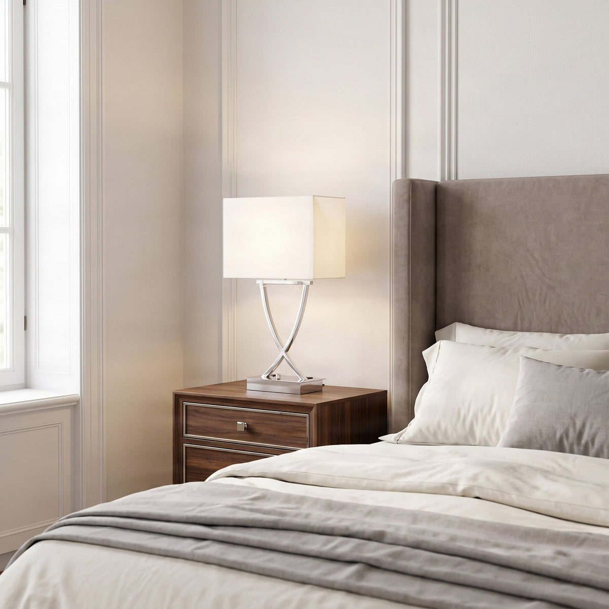 Lucande Madison table lamp, chrome/white, 21.5 in, fabric