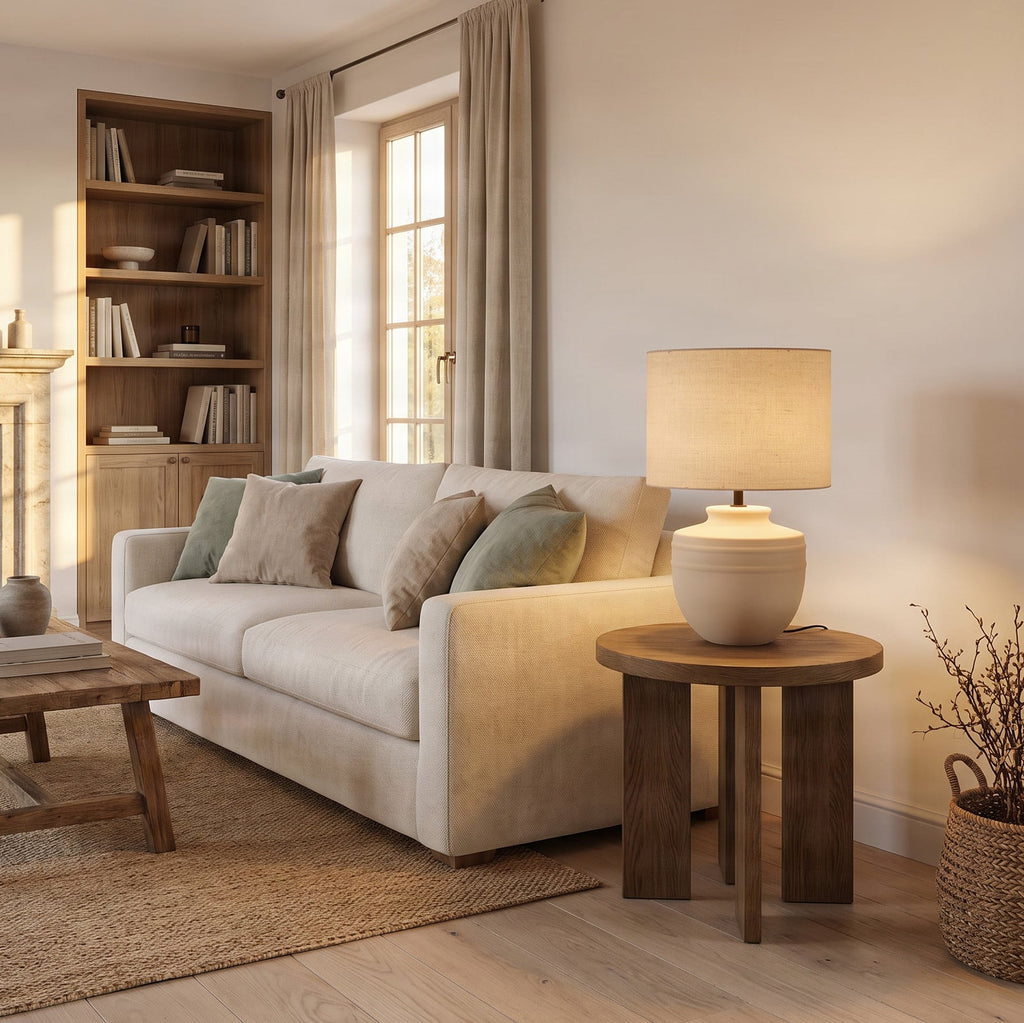 Lucande Thalassia table lamp, beige, 18 in, ceramic