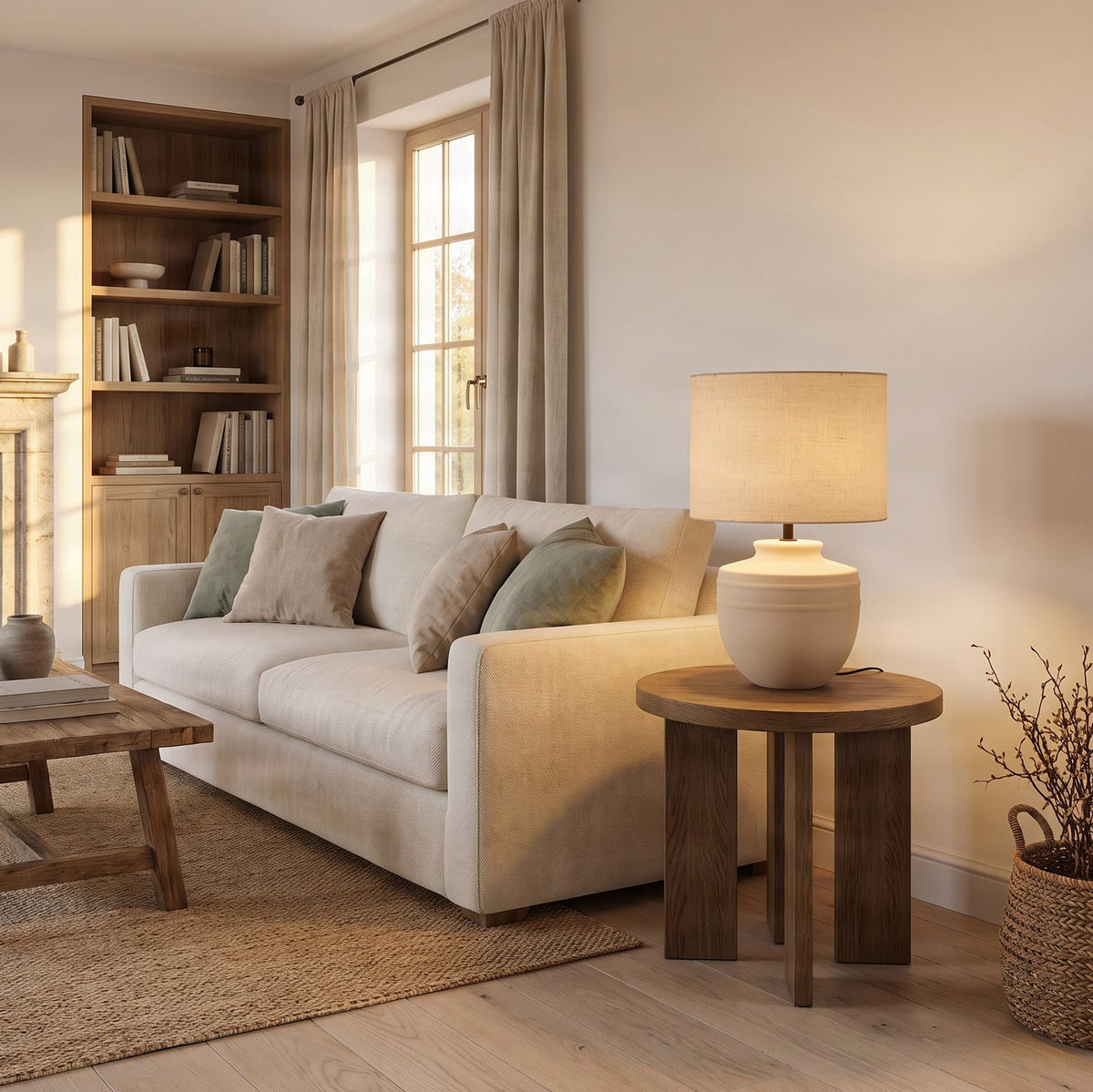 Lucande Thalassia table lamp, beige, 18 in, ceramic