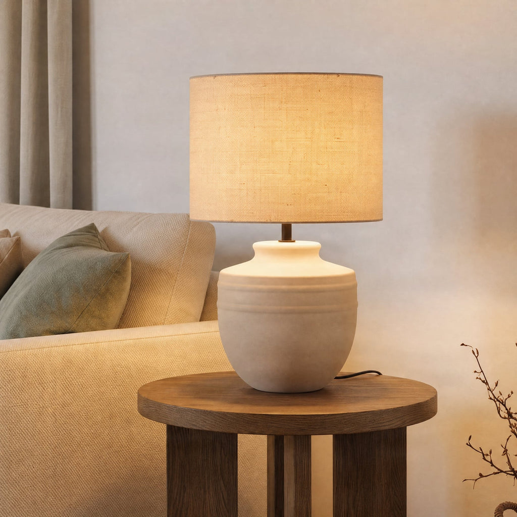 Lucande Thalassia table lamp, beige, 18 in, ceramic