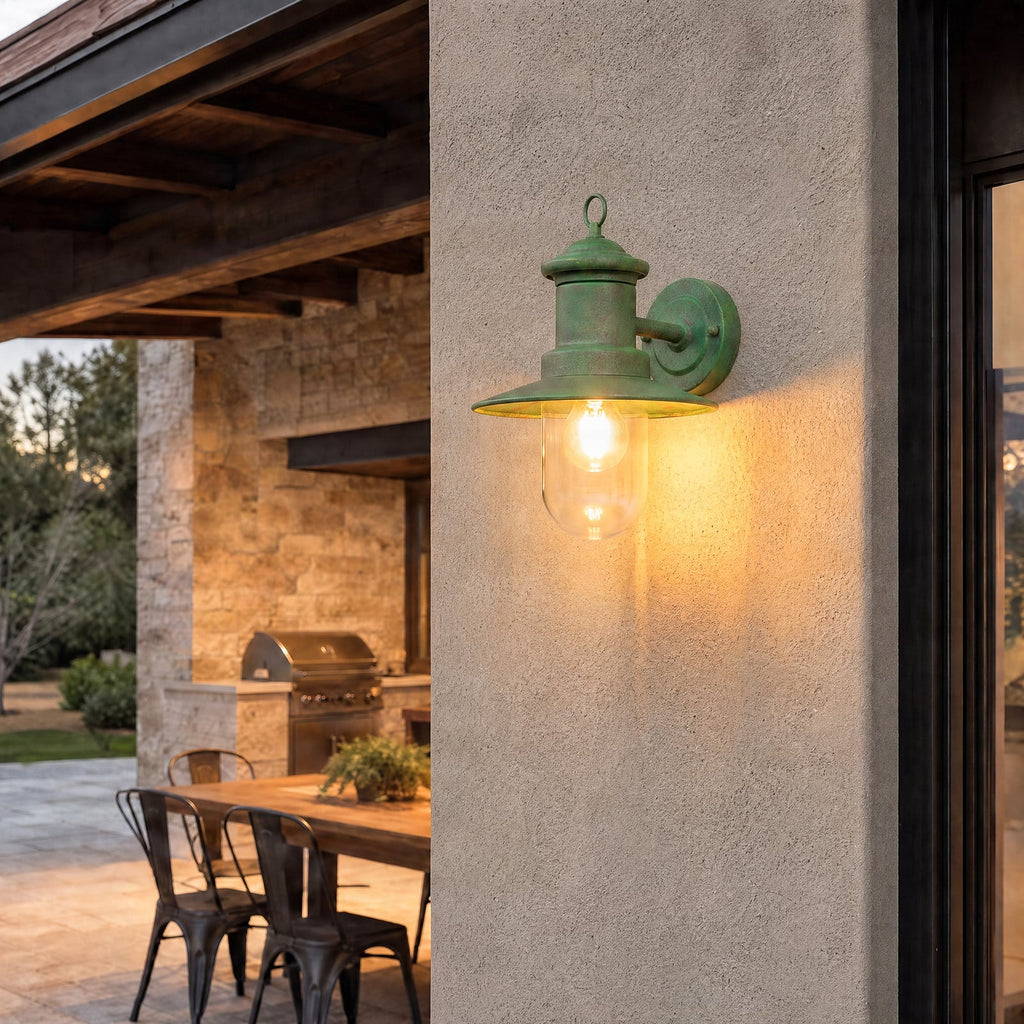 Lucande Eloretta outdoor wall light, 12 in, green, glass, steel