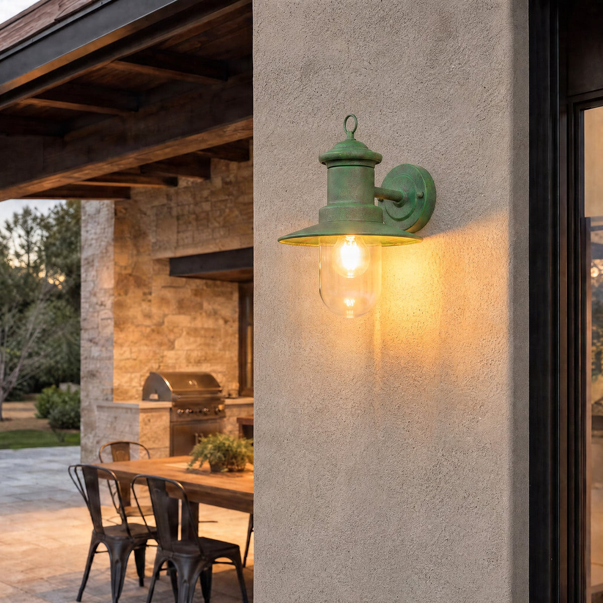 Lucande Eloretta outdoor wall light, 12 in, green, glass, steel