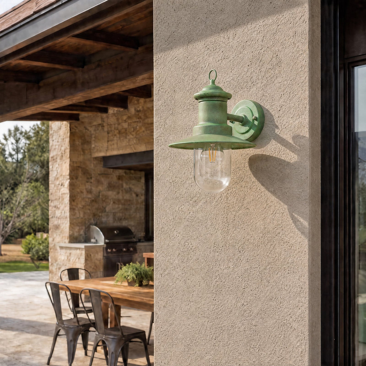 Lucande Eloretta outdoor wall light, 12 in, green, glass, steel