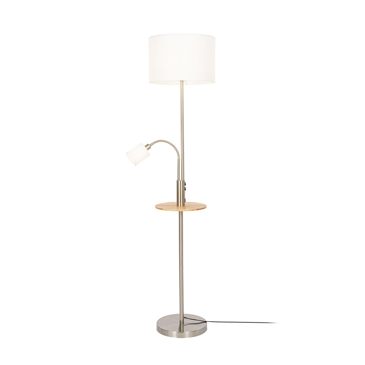 Lucande Aovan floor lamp, nickel, shelf, USB port