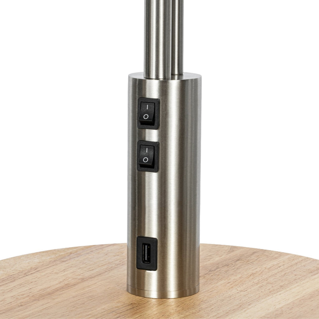Lucande Aovan floor lamp, nickel, shelf, USB port