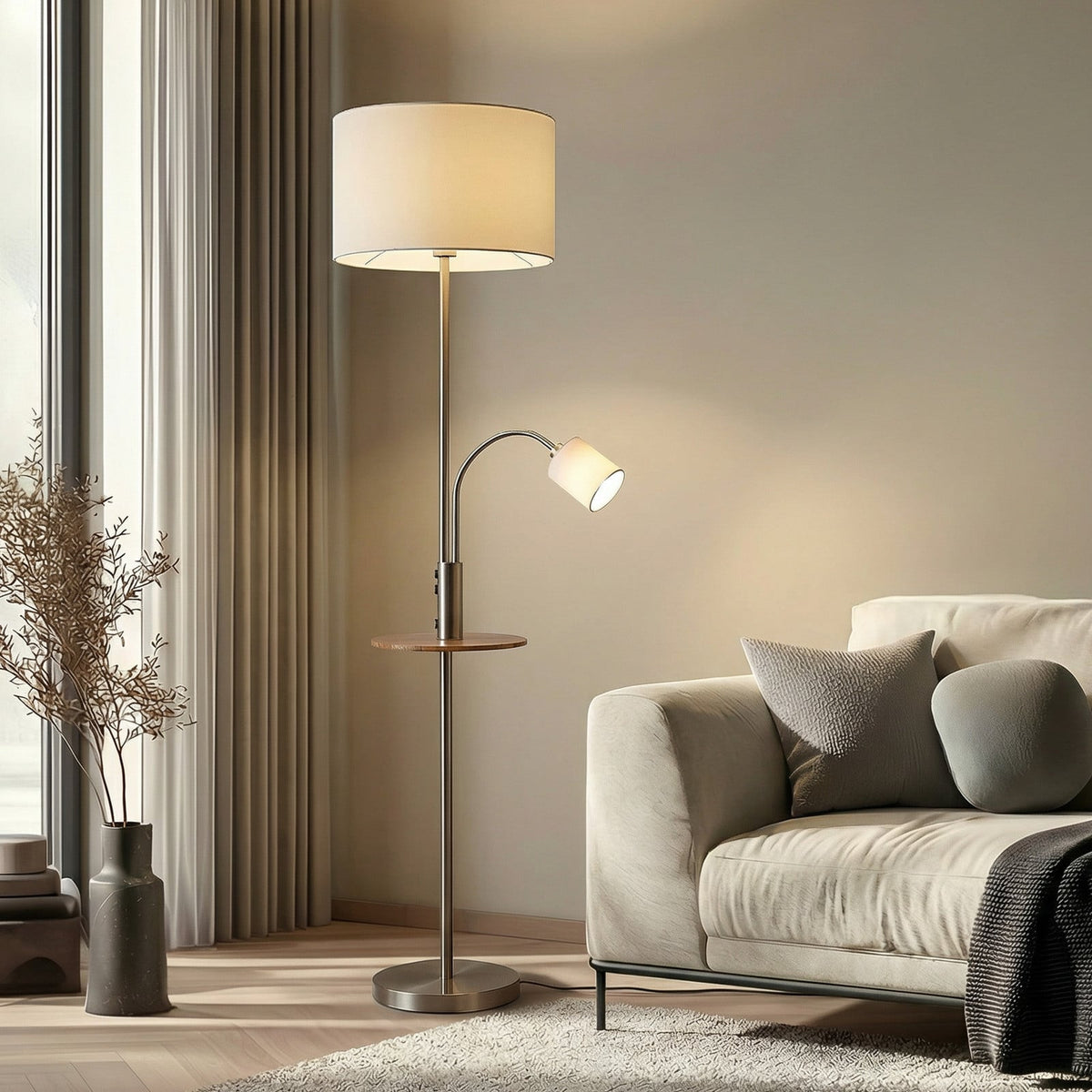 Lucande Aovan floor lamp, nickel, shelf, USB port