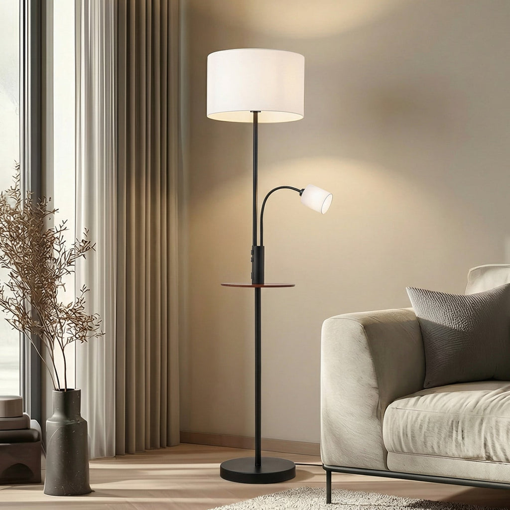 Lucande Aovan floor lamp, black, with shelf and USB port